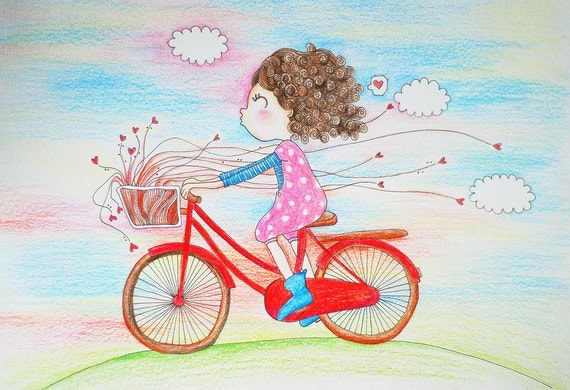 Cycling with Love Red Bicycle Illustration print