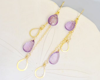 Amethyst Earrings 14k gold filled - Wire Wrapped - Dangle - Chain - Hammered Wire - Hand Forge - Pear briolette - Drop