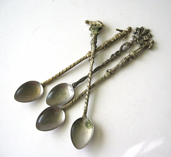 Four Long Spoons Vintage Italy Figural Brass Silverplate