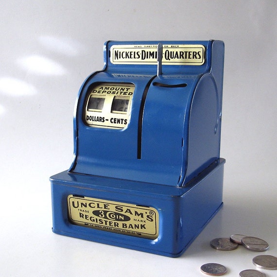 3 Coin Register Bank Blue Metal Uncle Sam's Savings