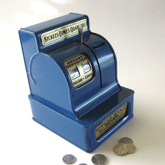 3 Coin Register Bank Blue Metal Uncle Sam's Savings