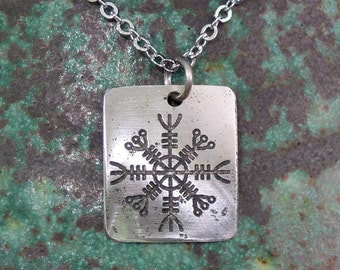 Helm of Awe Viking Necklace - Protection (Aegishjalmur) - Etched Stainless Steel Rune on Chain - SMALL