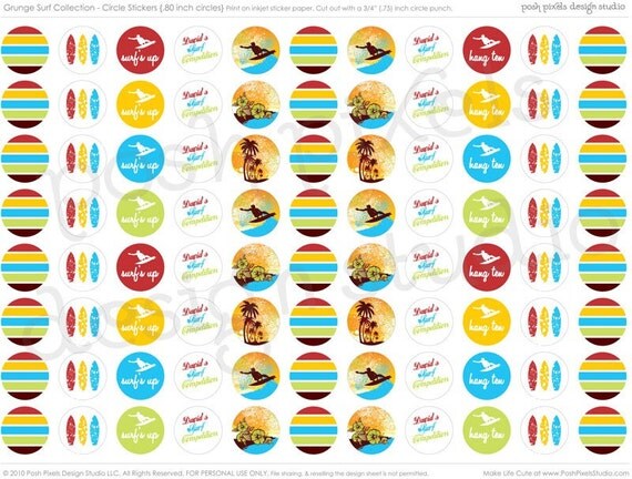 PRINTABLE Birthday Circle Stickers - Red, Yellow, Blue, Green and Brown - Kiss Stickers - DIY Grunge Surfer Collection - by Make Life Cute Il_570xn