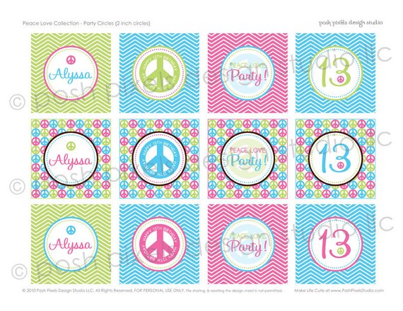 PARTY CIRCLES - Printable Birthday Party Circles - 2 inch - Peace Signs and Chevron - DIY Peace Love Collection - by Make Life Cute Il_570xn