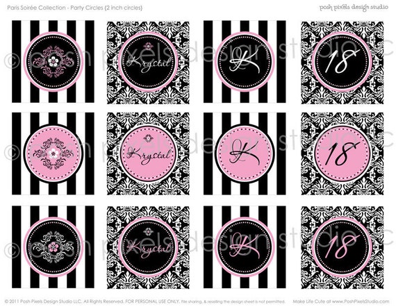 Paris Soirée - Printable Birthday Party Circles - 2 inch - Pink, Black and Damask - DIY Paris Soirée Collection - by Make Life Cute Il_570xn