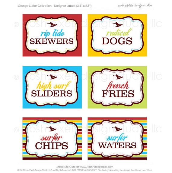 PRINTABLE Designer Labels - Red, Yellow, Blue, Green and Brown - DIY Grunge Surfer Collection - by Make Life Cute Il_570xn