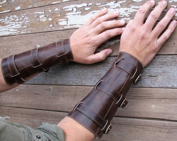 Distressed Steampunk Brown Leather Gauntlets or Bracers with