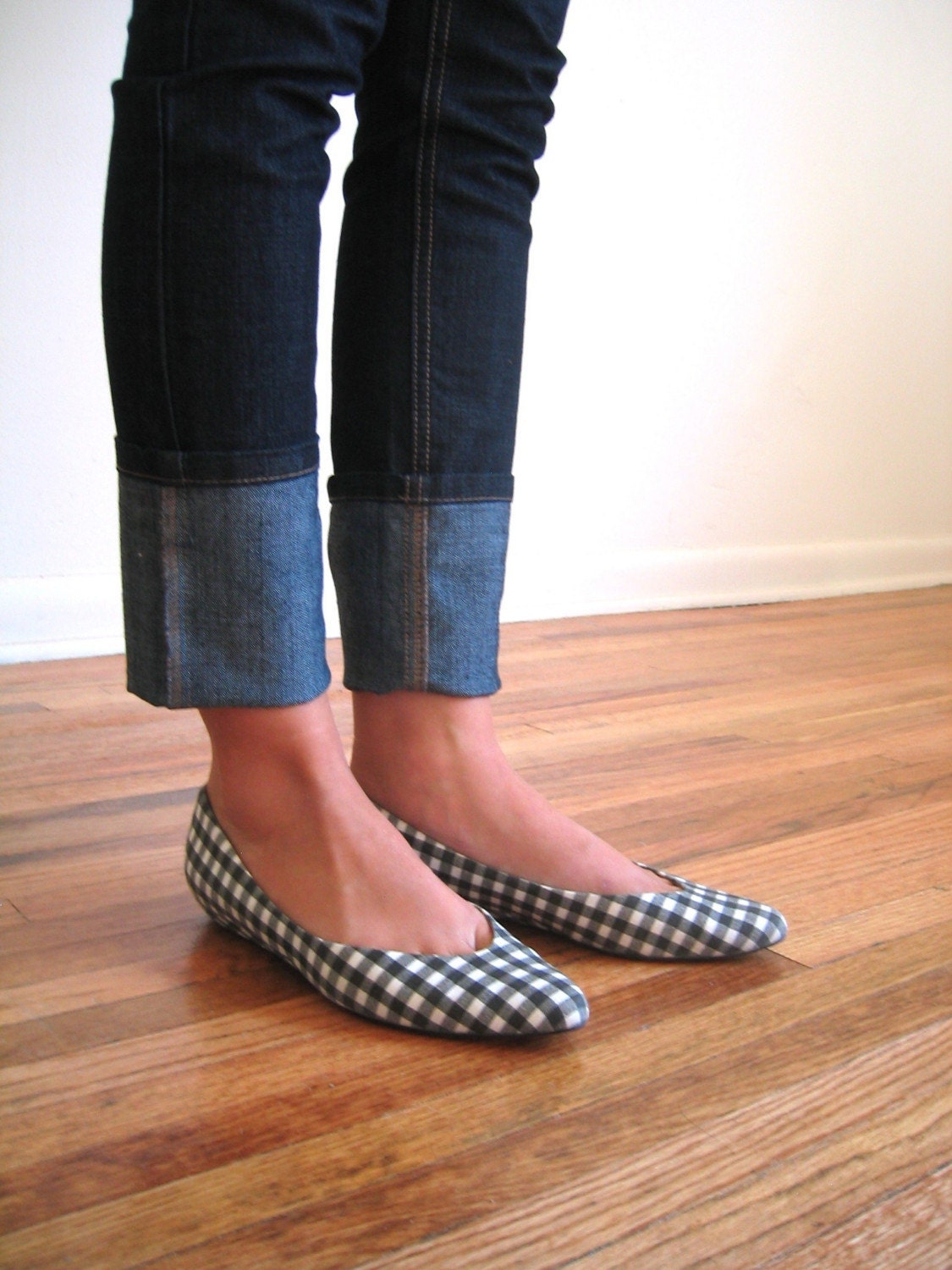 black and white gingham flats
