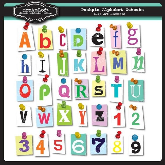 cutout pushpin alphabet and numbers clipart set for cards