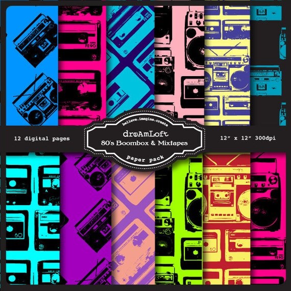 80's Boombox & Mixtapes Digital Papers for packaging