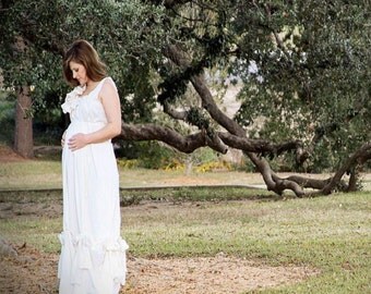 Maternity Maxi Gown Ruffles and Bows Long Dress Floor Length Patisserie Photo Shoot Prop Custom Ivory or White Womens