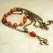 Fire Agate Fleur de Lis Double Layer NECKLACE Antiqued Brass Style, Handmade