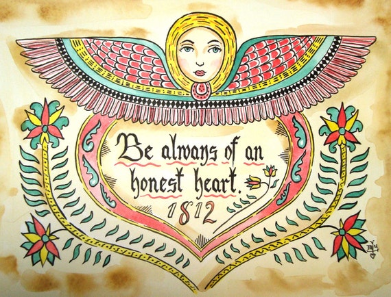Items similar to German Folk Art Fraktur Art Painting Primitive Fraktur