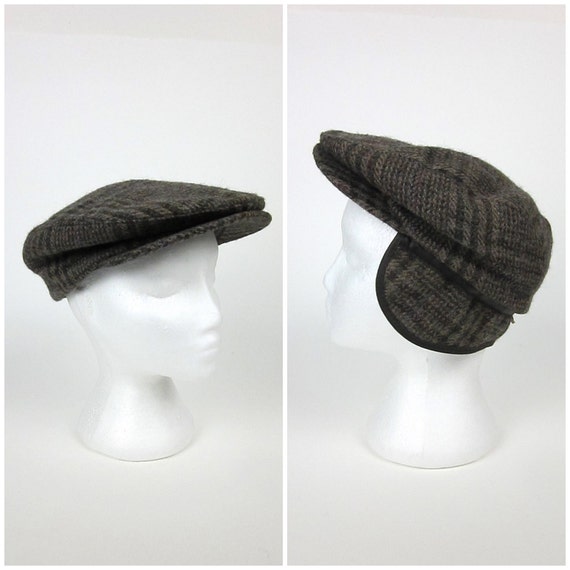 Mens Tweed Wool Newsboy Cap with Ear Flaps 70s / size L