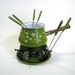 Reduced // Avocado Green Porcelain Enamel Fondue Set 70s