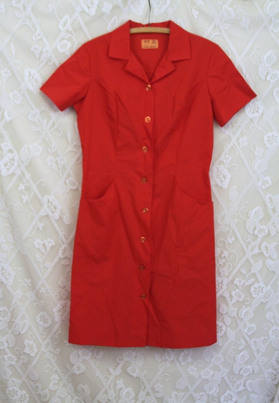 Bright red uniform smock dress shirt style by AnotherSeason