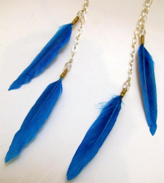 Turquoise Feather Earrings Long Blue Feather by peacefrogdesigns