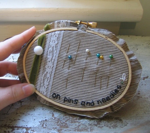 Items similar to On Pins And Needles Embroidery Hoop Wall Art Needle
