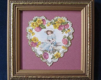 Victorian Valentine Card Vintage Victorian Valentine Heart Girl and Puppies Die Cut Valentine Wildflower Garland
