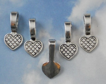 50 Glue On Bails Medium Silver Heart - Use On Glass Tiles, Stones & more (P389)