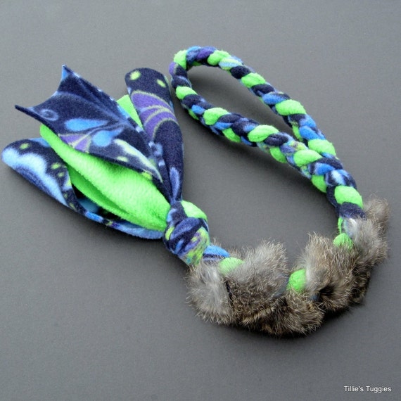 Small real rabbit fur/fleece dog tug toy