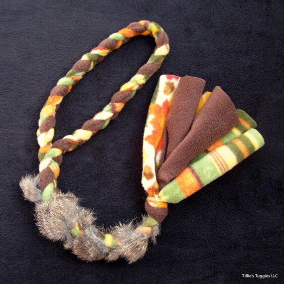 Fleece/real rabbit fur dog tug toy earth tone colors
