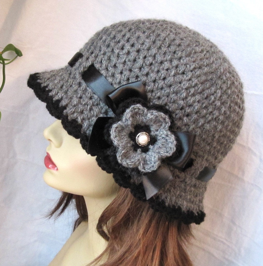 Womens Hat Charcoal Gray Crochet Cloche Ribbon Flower Brim