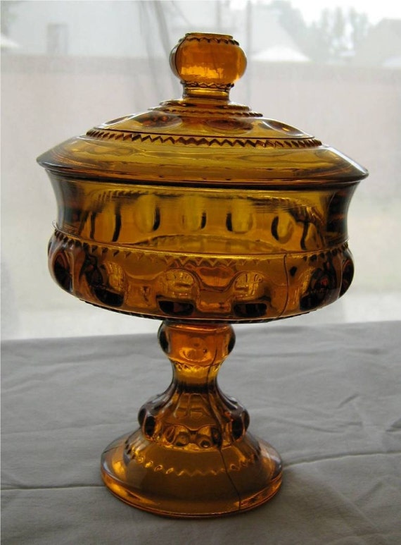 Beautiful Amber Depression Glass Candy Dish with Lid