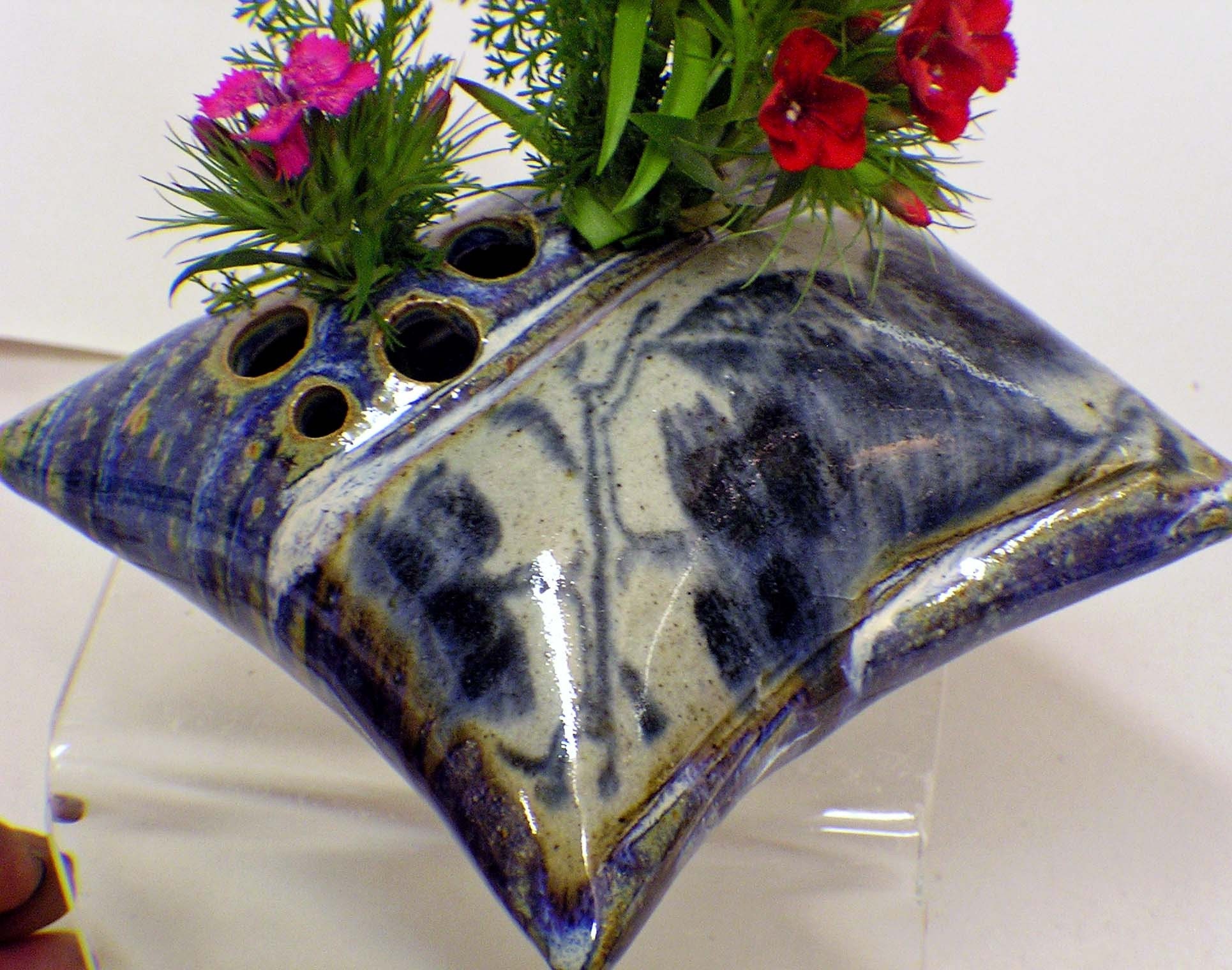 Clay Pillow Shaped Flower Vase...Blueberry Design...Handthrown