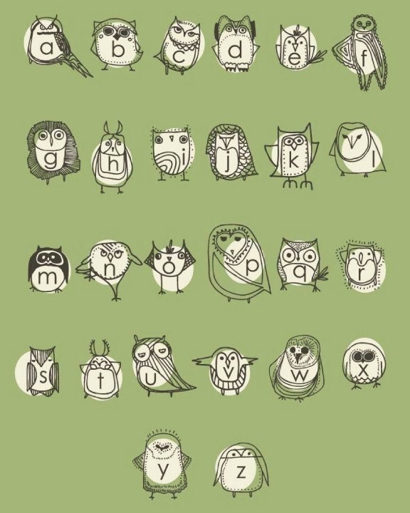 Owlphabet 8x10 Alphabet Print Owl Nursery Art by Gingiber on