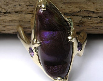 Fire Agate Ring Purple Gemstone & Amethyst Handmade 14k Gold Lightning Bolt Design Motif - Custom Made Ring Design Fine Jewelry Art