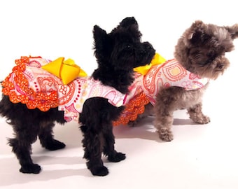 Paisley Dog Dress with Yellow Bow and Orange ruffled trim