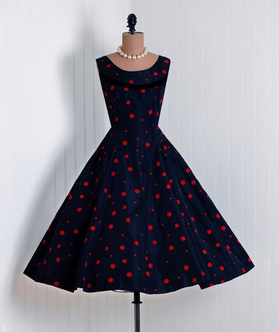 Items similar to 1950's Vintage Ruby-Red and Black Polka-Dot Flocked ...