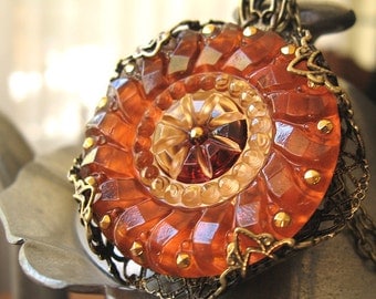 Rose Window XIII Autumn Evening Cathedral - Amber glass filigree necklace - Elysia