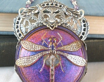 Purple Dragonfly - Iridescent violet silver necklace - Elysia