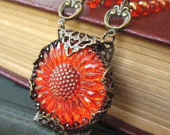 Sunflower Sunset - Red glass flower necklace - Elysia