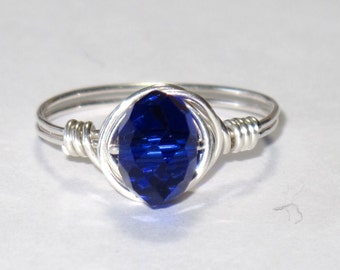 Sterling silver and Cobalt blue crystal wire wrapped ring