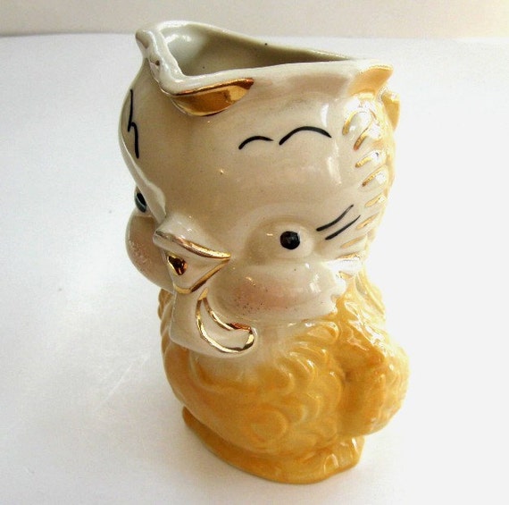 Vintage Shawnee Pottery Owl Pitcher Planter Gold Baby Shower