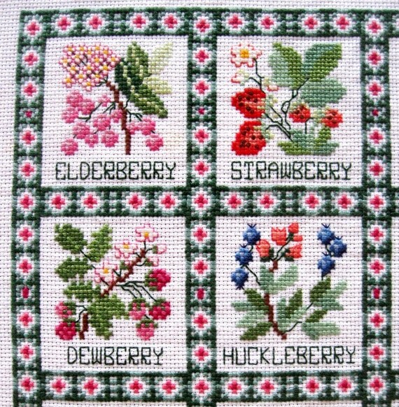 Vintage Needlework Cross Stitch Fruit Berry Sampler Green Pink