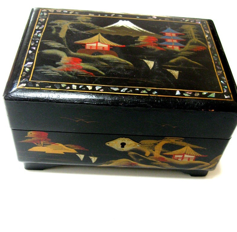 Vintage Jewelry Box Music Box Black Lacquer Mother of Pearl