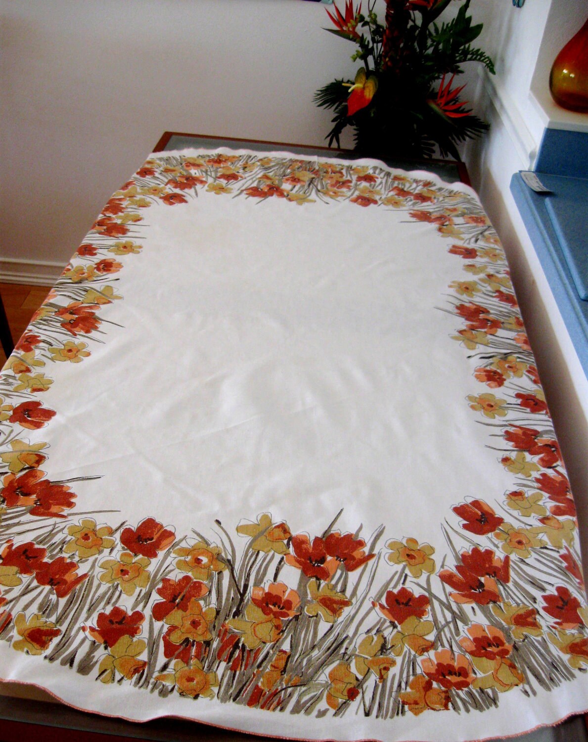 Vintage Vera Tablecloth Cotton Floral Orange Gold Daffodils