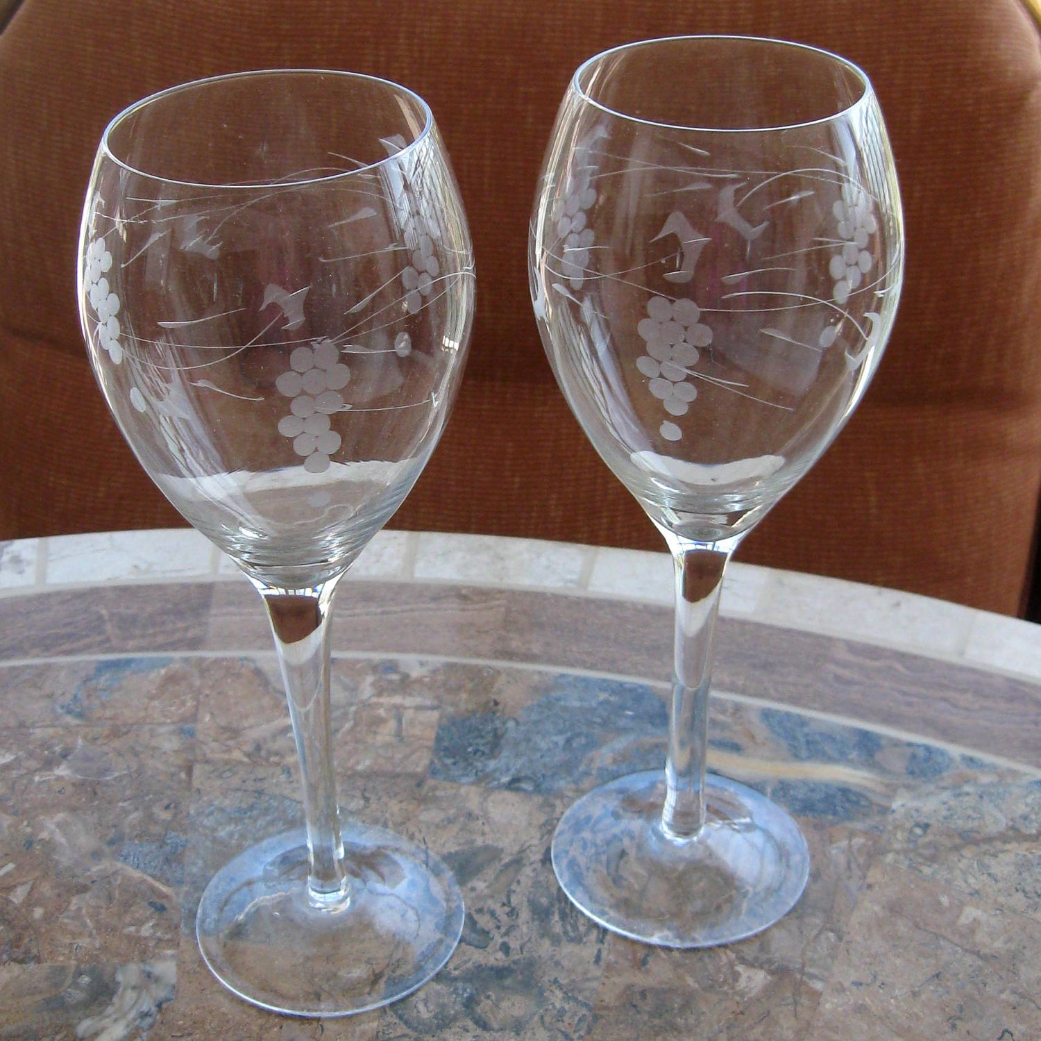 Vintage Wine Glass Glasses Etched Crystal Grape Leaf Stems Two