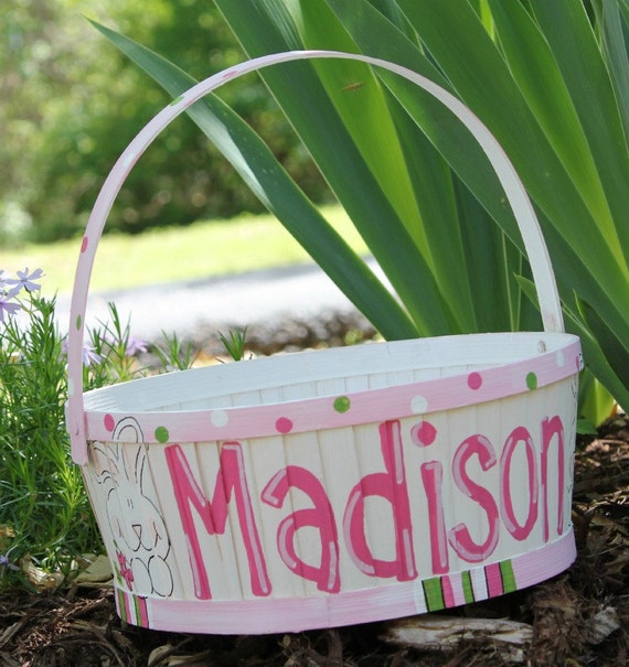 2017 girl unique names or Easter pink Basket, round Painted WHITE PRE ORDER with Hand blue