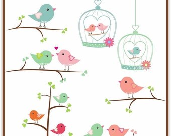 birds clip art,Clipart, valentine, love birds on branches,  instant download clip art