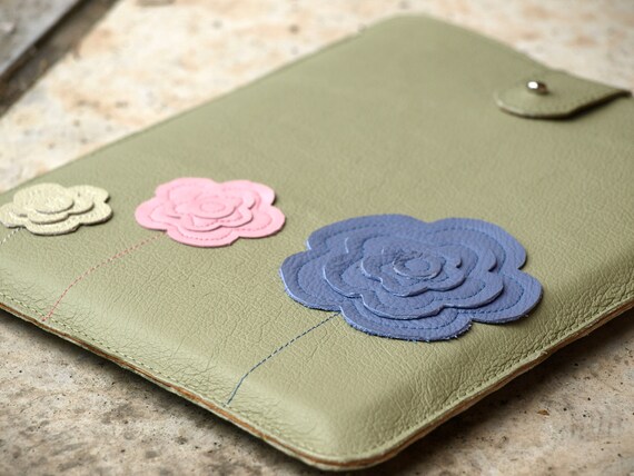 Boho iPad  Case Sage Leather, Pink and Blue Flowers.  Ready to ship