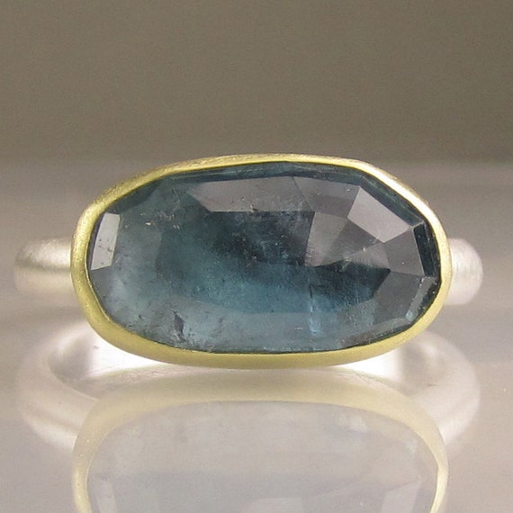 Rose Cut Blue Tourmaline Ring 18k Gold and Sterling