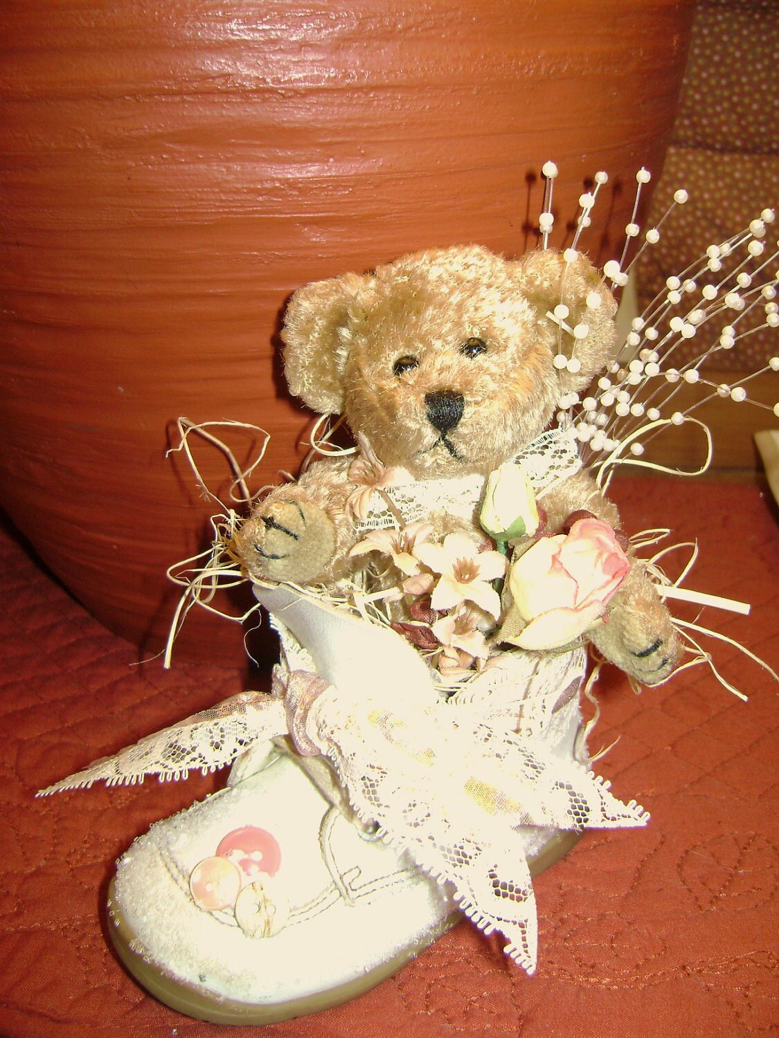 Embellished Baby Shoe Teddy Bear Dusty Rose Nursery Decor