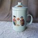 Vintage 3 Piece Japanese Porcelain Signed Teacup Infuser & Lid With Asian Girl and Boy, Gong, Fortune Cookies, Mint Green,