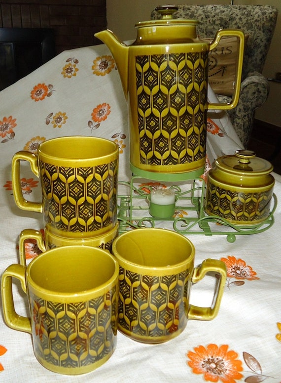 Vintage Black & Green Coffee Set with Warming Rack Royal