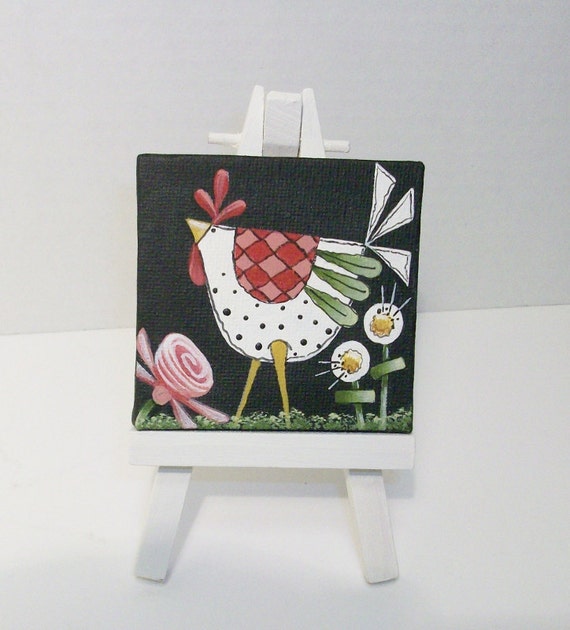 Two Mini Canvas Funky Chicken Paintings With Easels